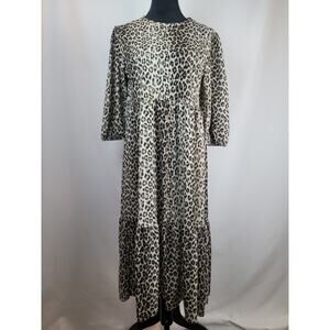 Zara Animal Print Puff 3/4 Sleeve Smock Style Midi Dress Womens Size M